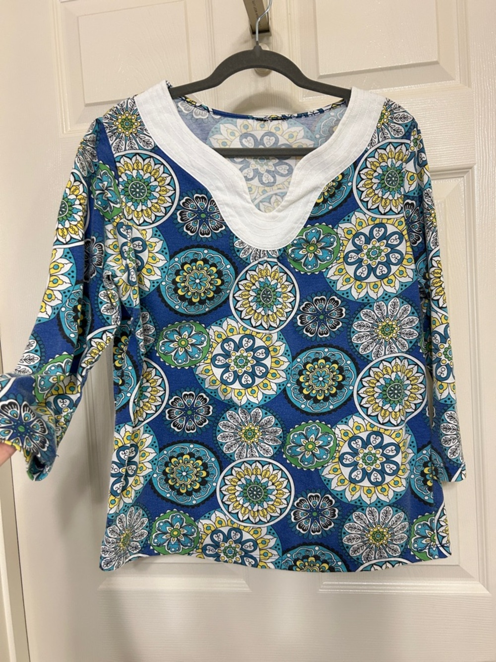 Blue Multi Print V Neck Women’s Top 3/4 sleeves Mandala print